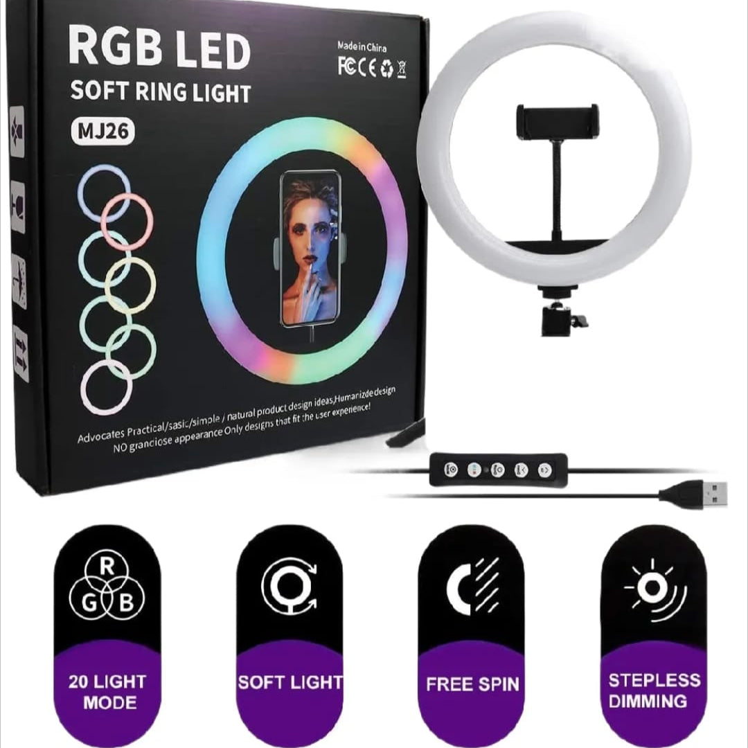 RGB Ringlight 26 CM MJ26 With Mobile Holder Adjustable Lighting For Photography Video Recording Makeup And Live Streaming | With Stand 7 Feet