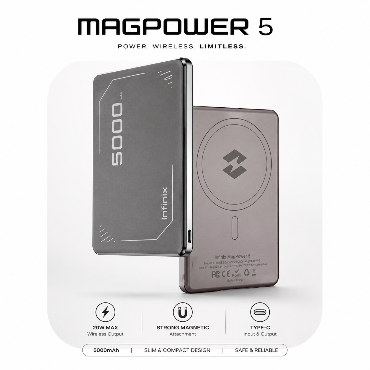 Infinix MagPower 5 – 5000mAh Magnetic Wireless Power Bank
