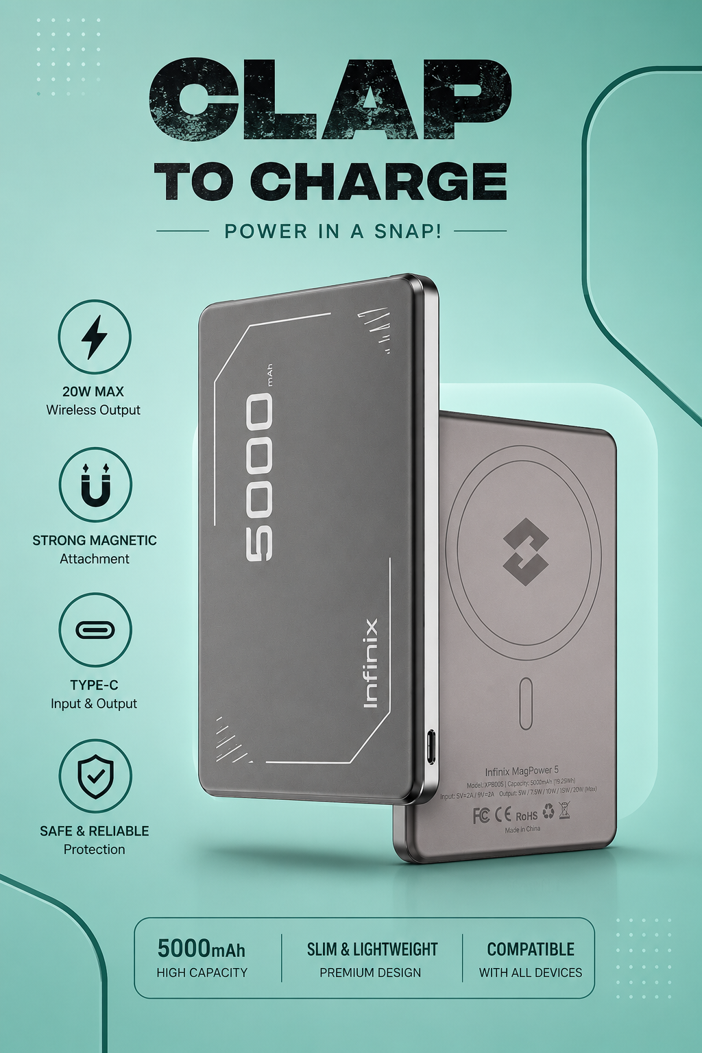 Infinix MagPower 5 – 5000mAh Magnetic Wireless Power Bank
