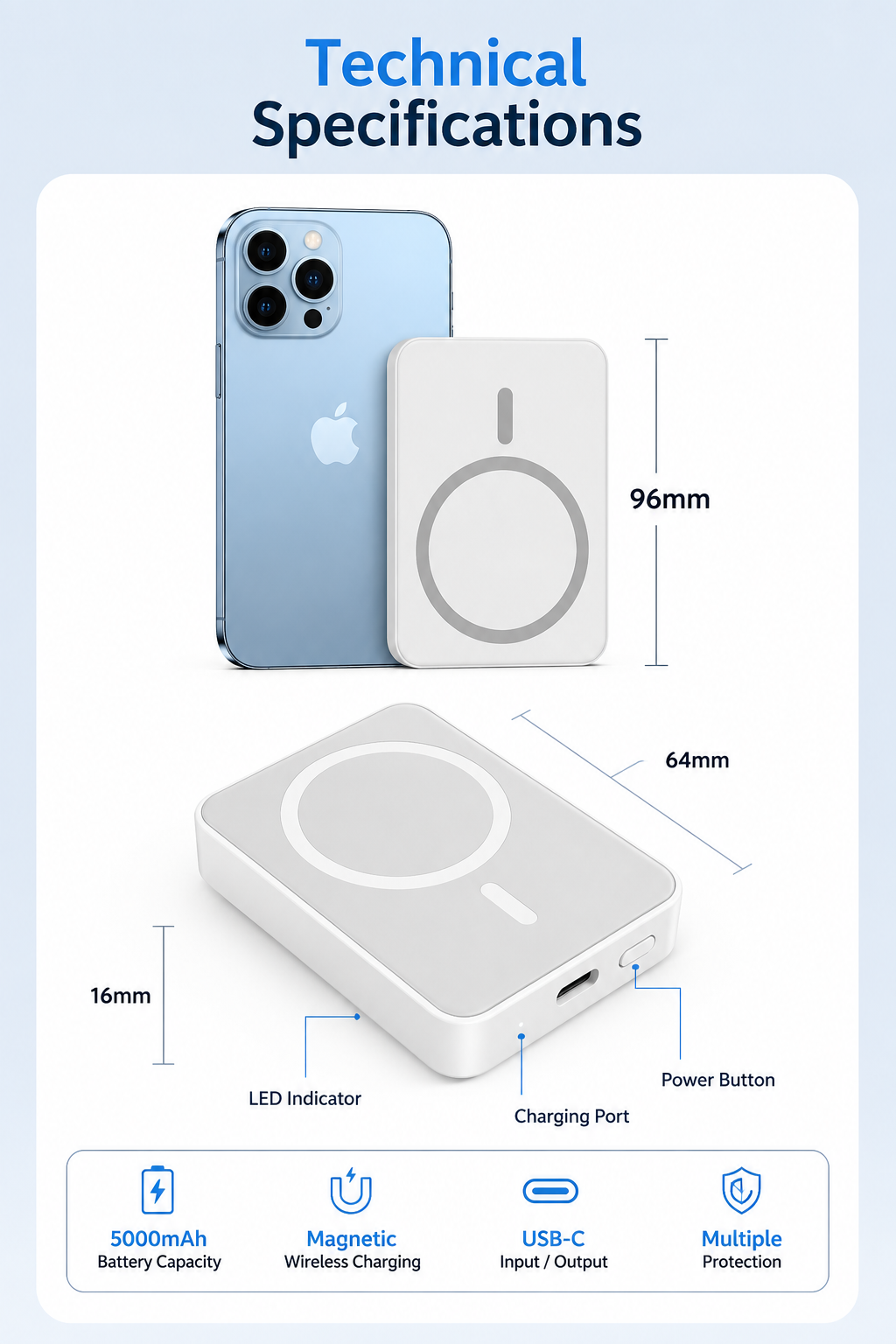 10000mAh Magnetic Wireless Power Bank – Ultra Slim MagSafe Compatible Portable Charger with USB-C Fast Charging